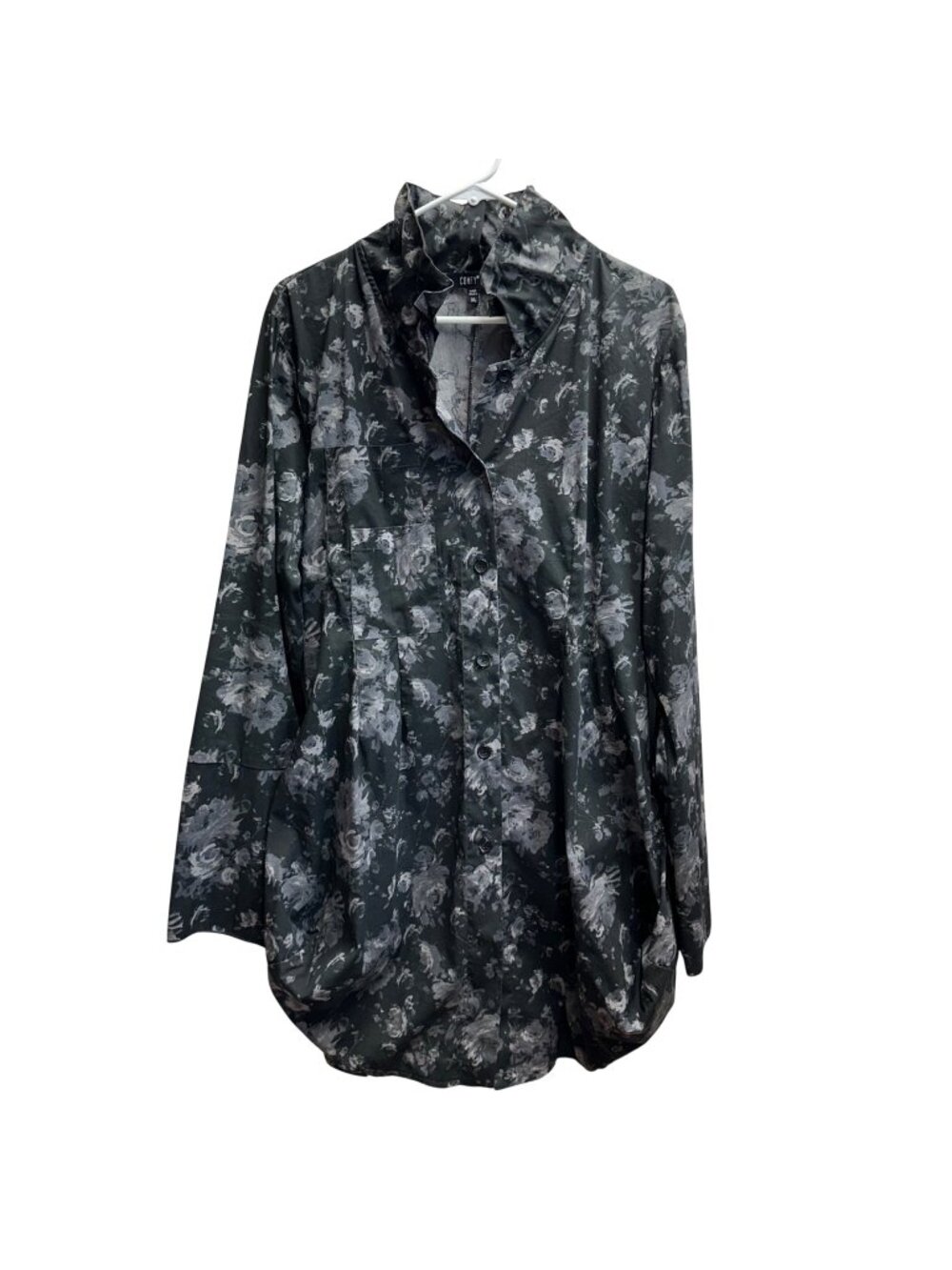 Comfy USA Shirt Dress Balloon Hem Size XL Gray Floral Lagenlook Artsy Oversized